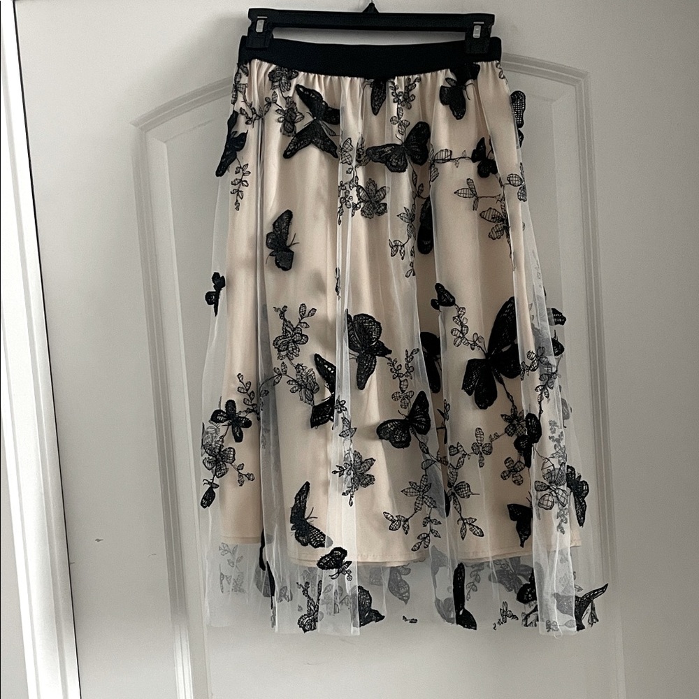 Fun Bohemian Black and Cream Butterfly Midi Skirt